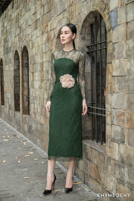 Olive Green Lace Midi Dress 1