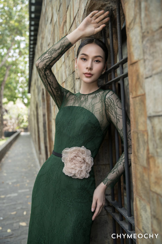 Olive Green Lace Midi Dress 2