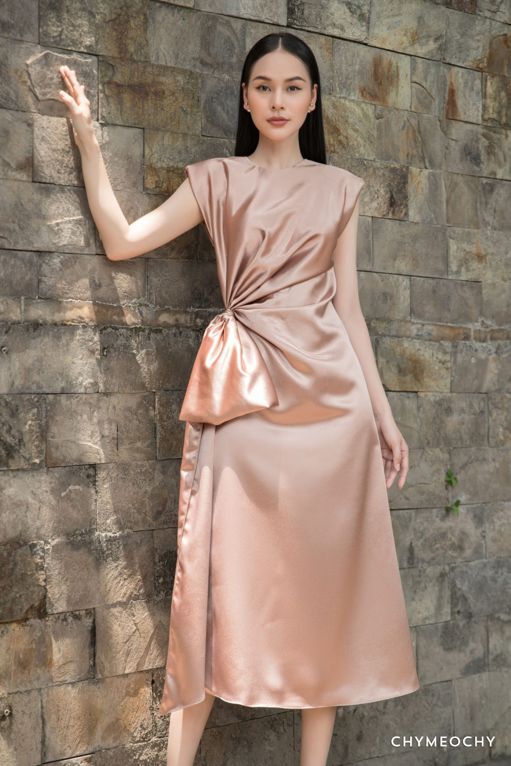 Brown Sleeveless Satin Dress | CHYMEOCHY
