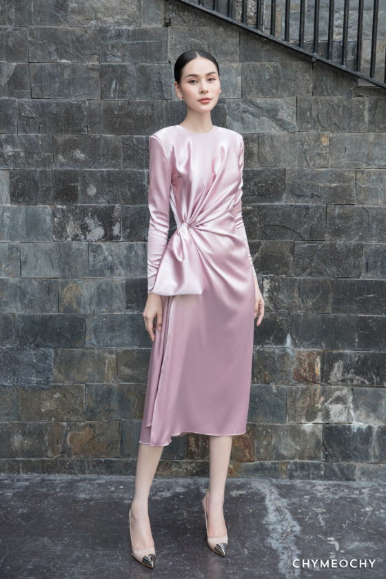 Pink Long Sleeves Satin Dress 4
