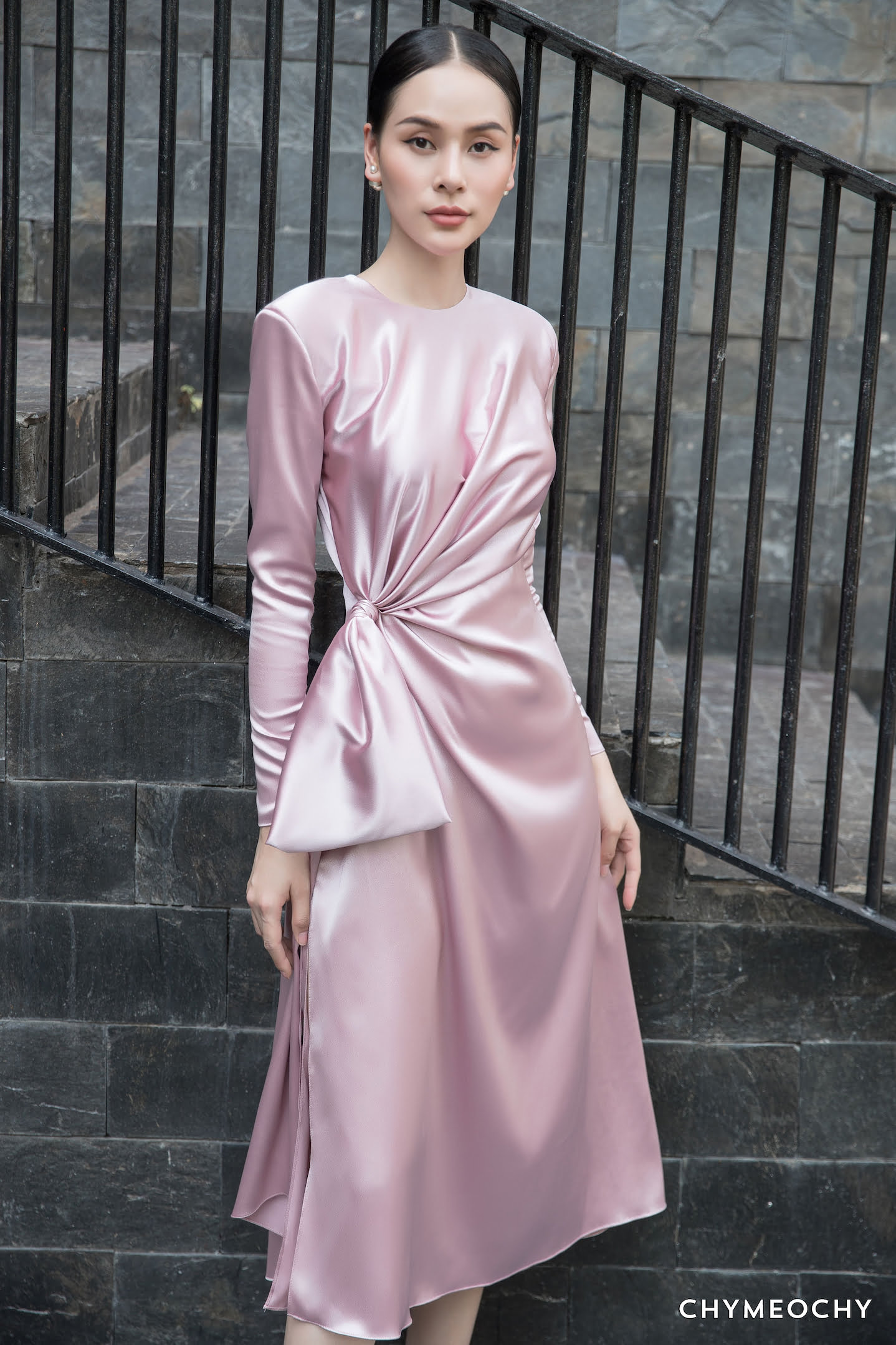 Pink Long Sleeves Satin Dress | CHYMEOCHY