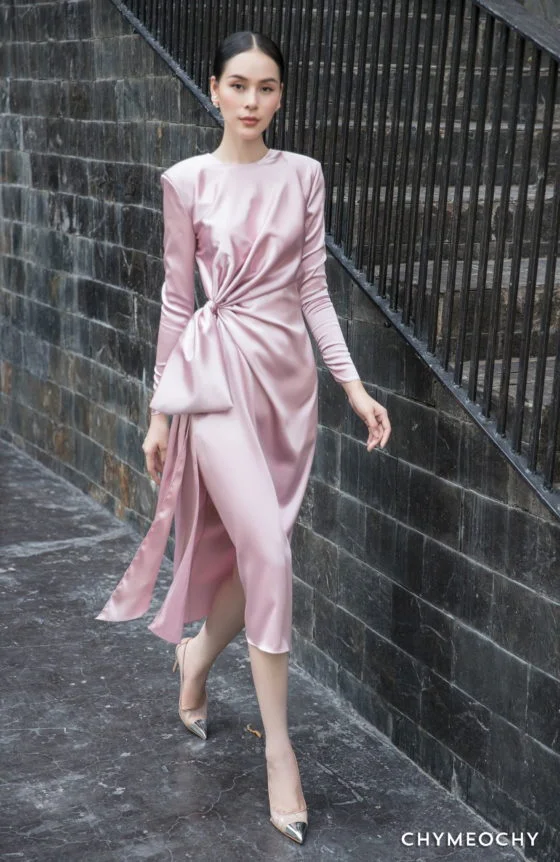 Pink Long Sleeves Satin Dress 3
