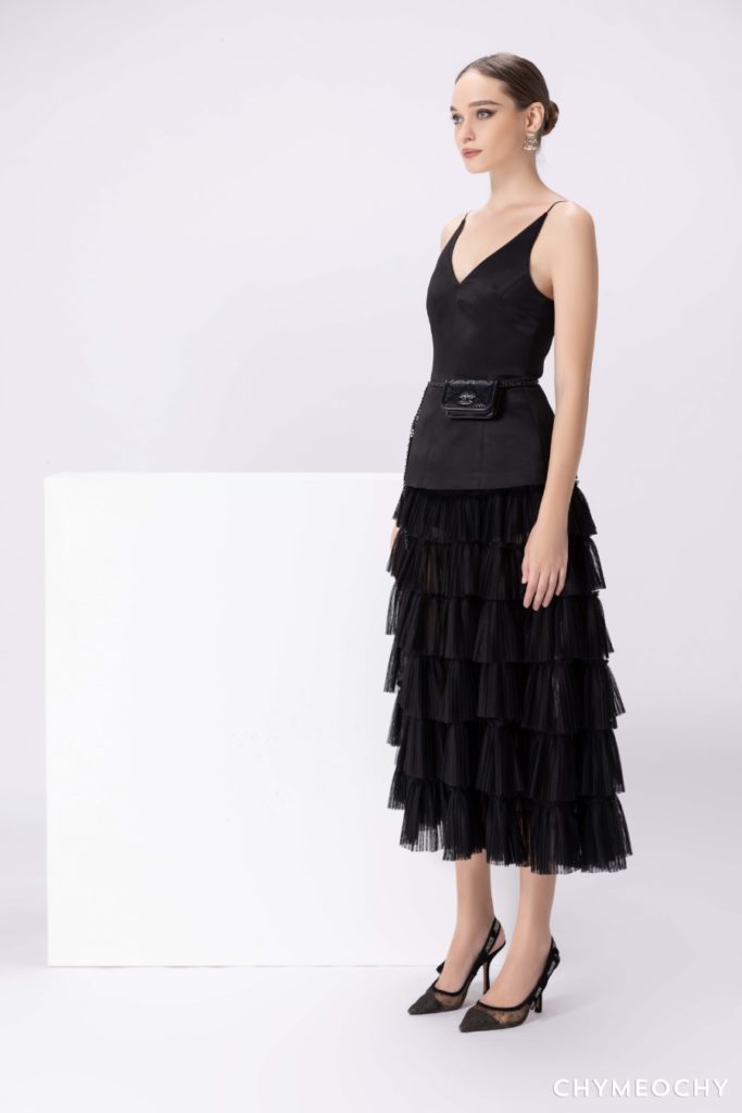 Black Pleated Midi Skirt | CHYMEOCHY