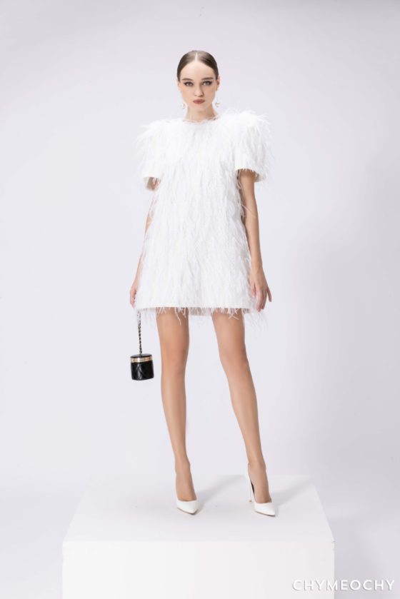 Puff-Sleeves Feather Dress 1